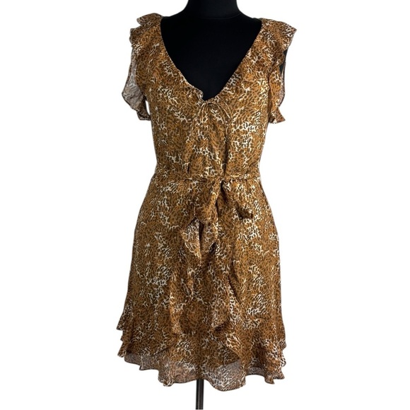 PAIGE TIA CARAMEL SPICE LEOPARD SILK RUFFLE MINI DRESS - Picture 4 of 14